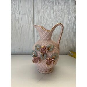 Vintage Pink Ceramic Pitcher Vase Embossed Rose Floral Gold Trim Made in Japan